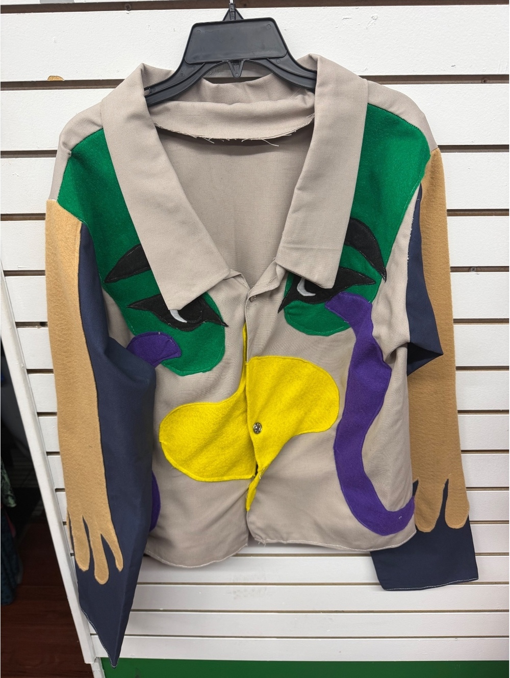 Upcycled Abstract Face Appliqué Jacket One Size Fits Up to Large Artwear
